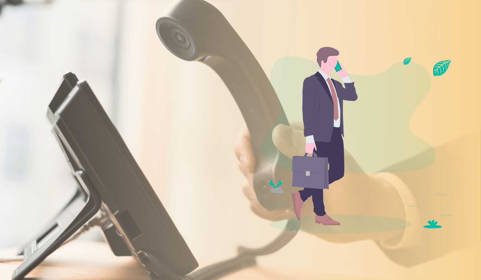 man talking on the phone with a man's hand picking up a phone in the background