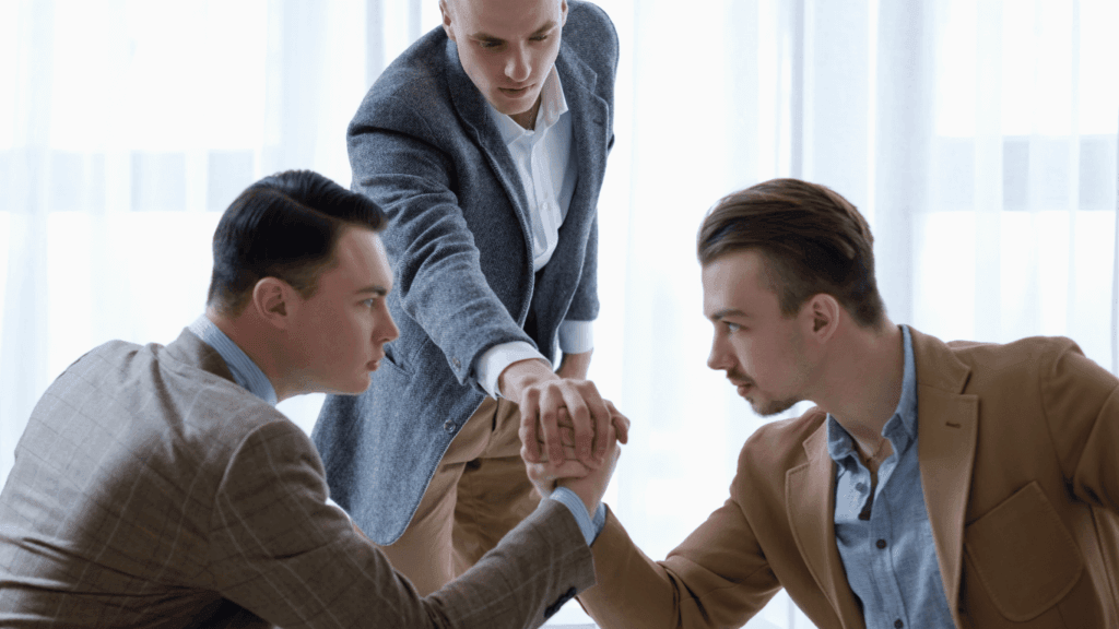A sales professional talking to a customer and asking questions about the competitive landscape