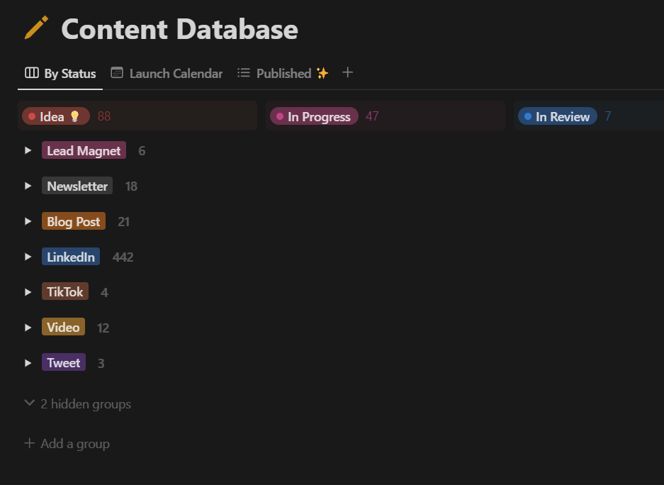 Screenshot of the Content OS which Tim uses for content planning