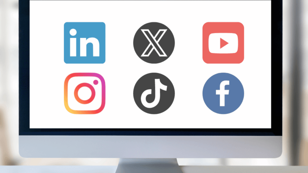 Image of a laptop or a tablet with the logos of LinkedIn, X, TikTok, Instagram, and so on.