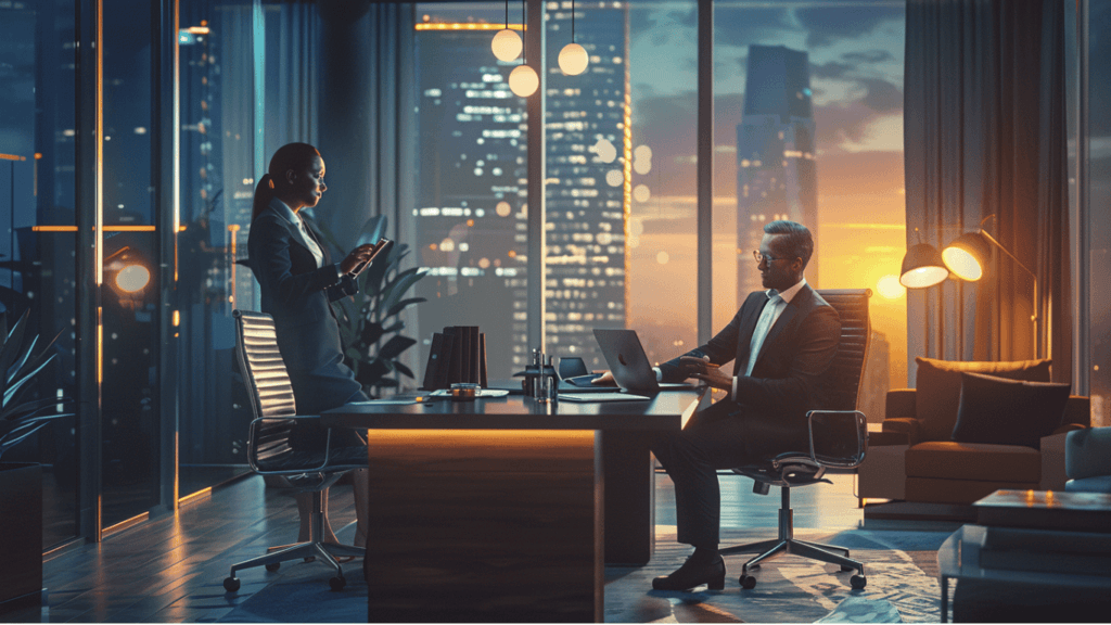 CEO or business owner talking to an assistant to delegate tasks effectively