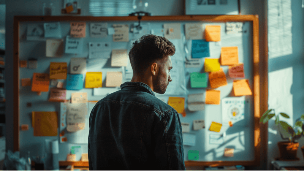 A content marketing team looking at a content strategy plan plastered on the office walls