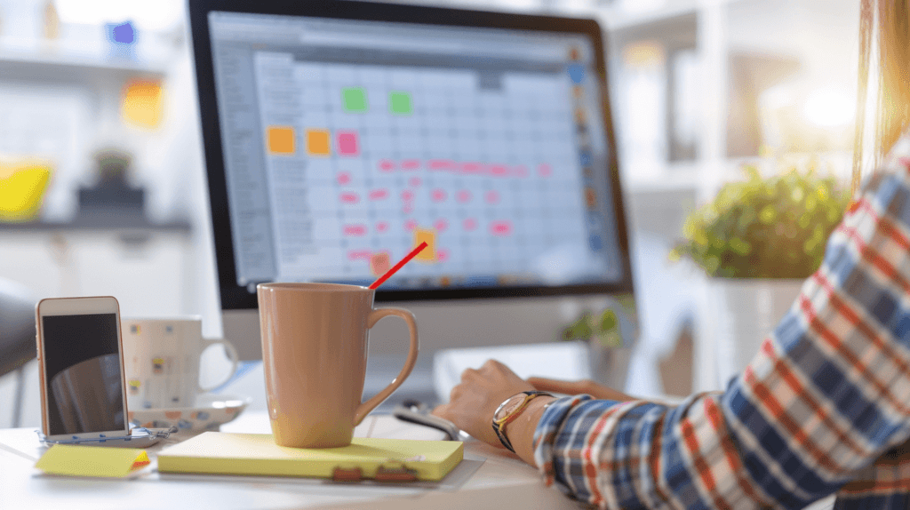 Virtual assistant checking out a list or schedule on the laptop