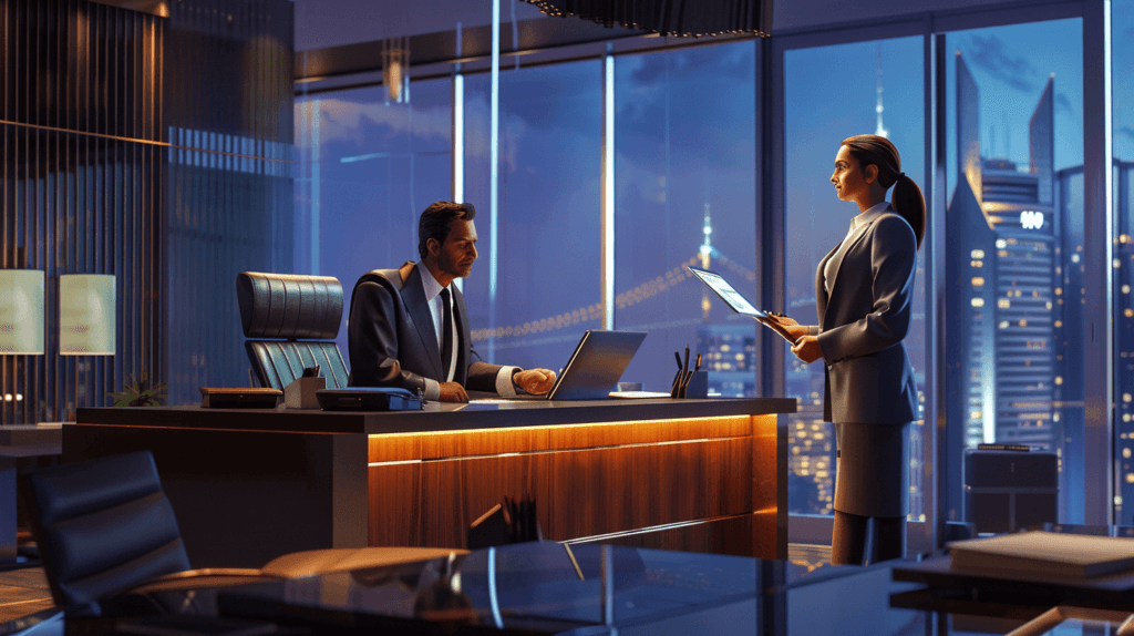 Illustration of a CEO overseeing a project while delegating tasks to team members