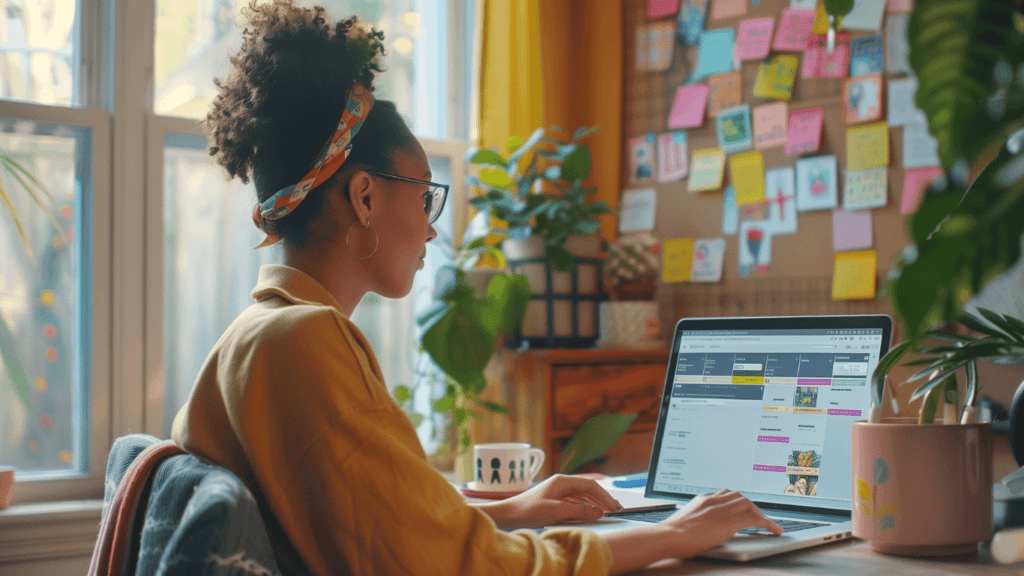 A content creator using a computer to schedule content across social media platforms