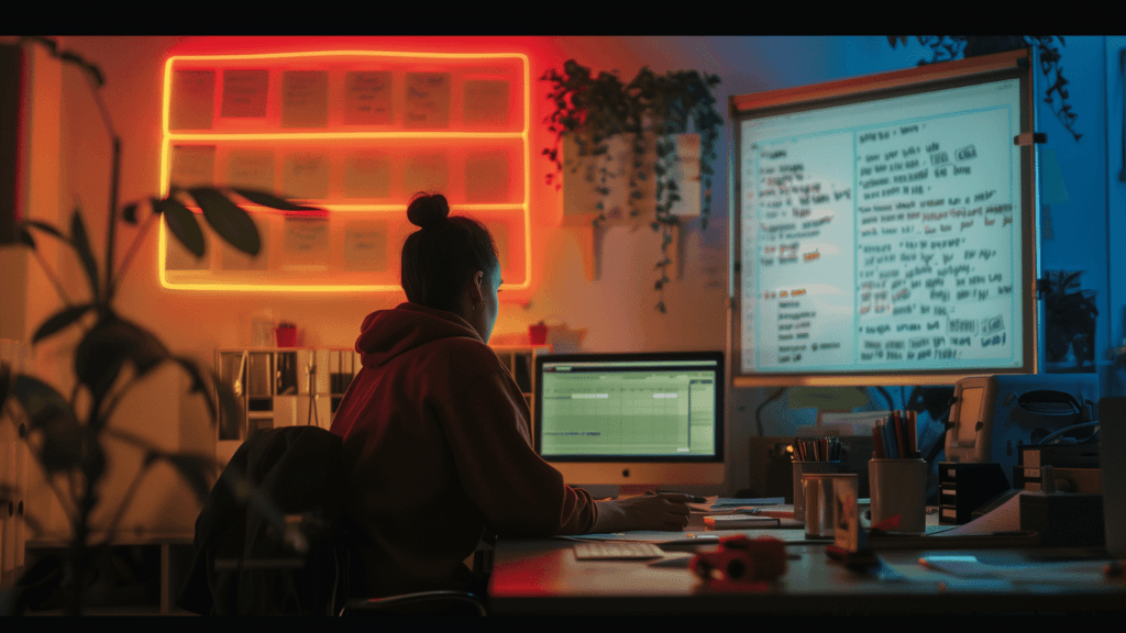 A virtual assistant busy at work creating a content plan on a computer