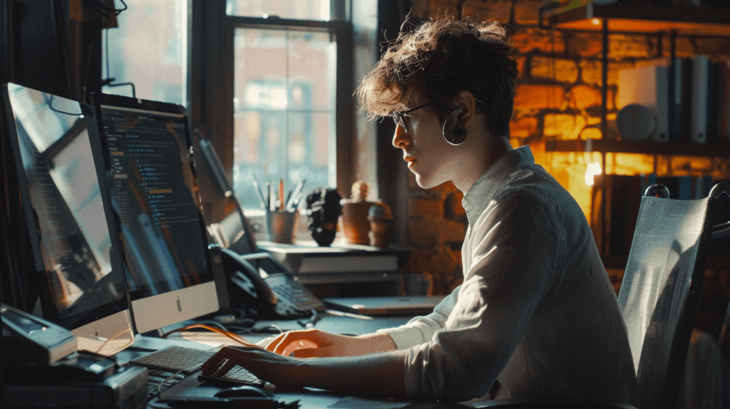 Photo of a customer support agent using a conversational ai platform for work