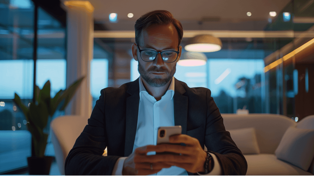 An executive spending time on his mobile phone with a LinkedIn logo on the screen without a virtual assistant