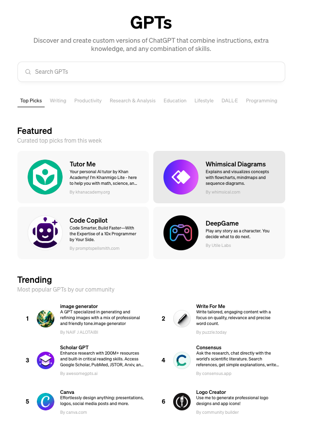 Screenshot of examples of custom GPTs