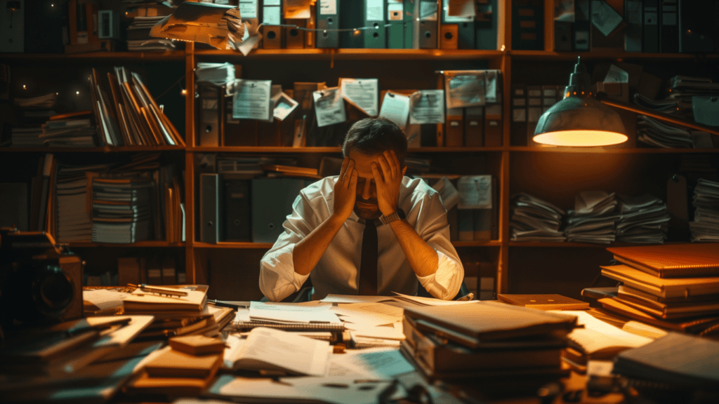 Business owner looking overwhelmed with lots of files piled on his desk
