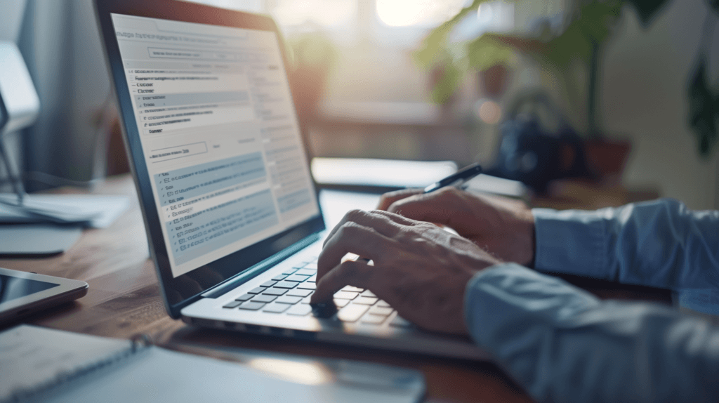 Close up of business owner typing on a feedback form